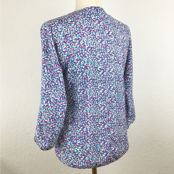 Ann Taylor Abstract Floral Colorful Blouse Jewel Tones Elastic Hem Cuffs V-Neck - Picture 4 of 16